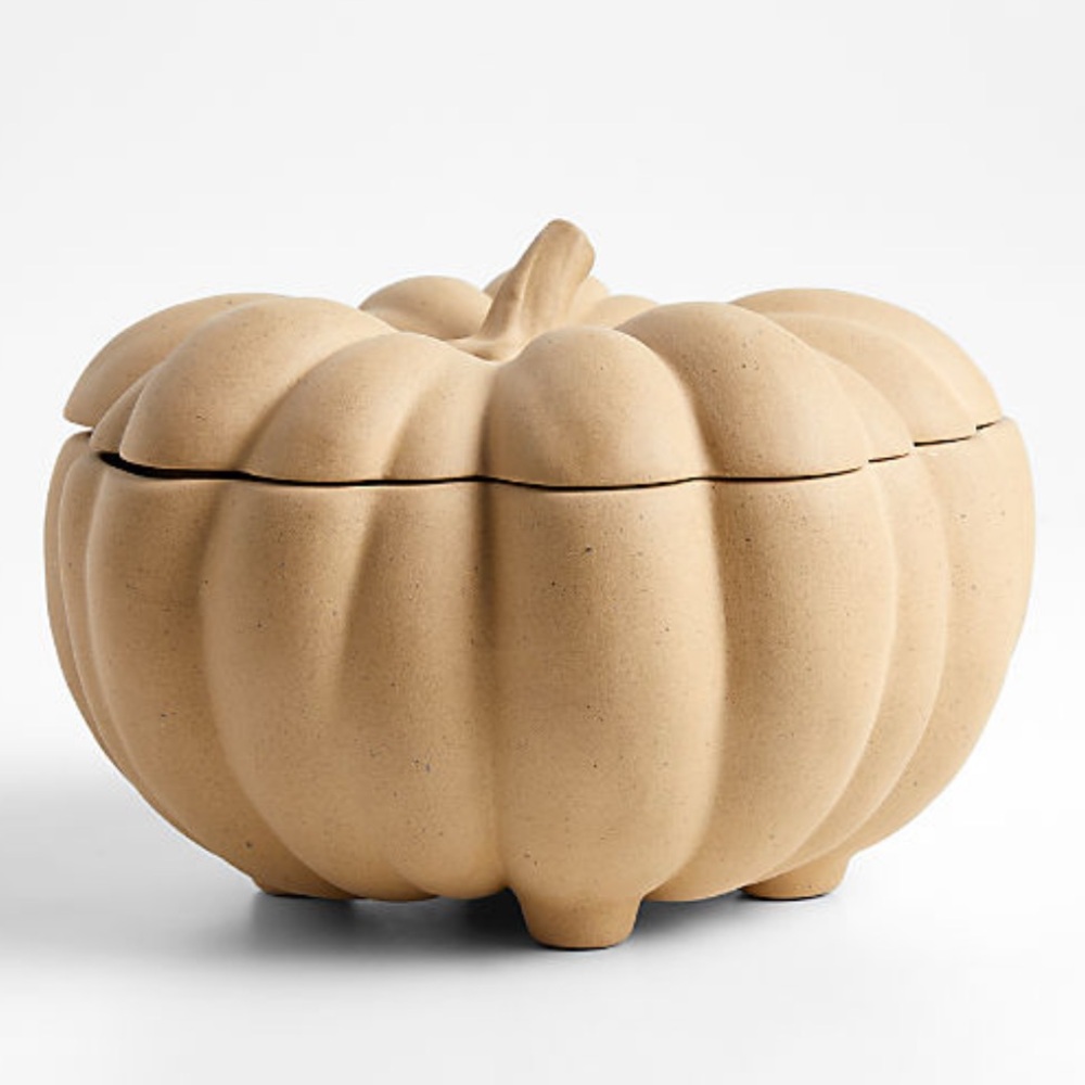 New! Crate&Barrel Ceramic Heirloom Pumpkin Serving Bowl with Lid